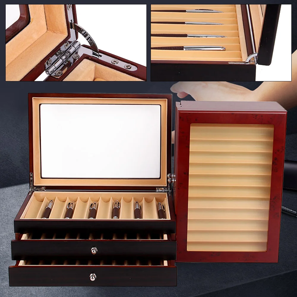 3 Layer Wood Display Case Holder Storage Collector Organizer Box 34 Fountain Pen