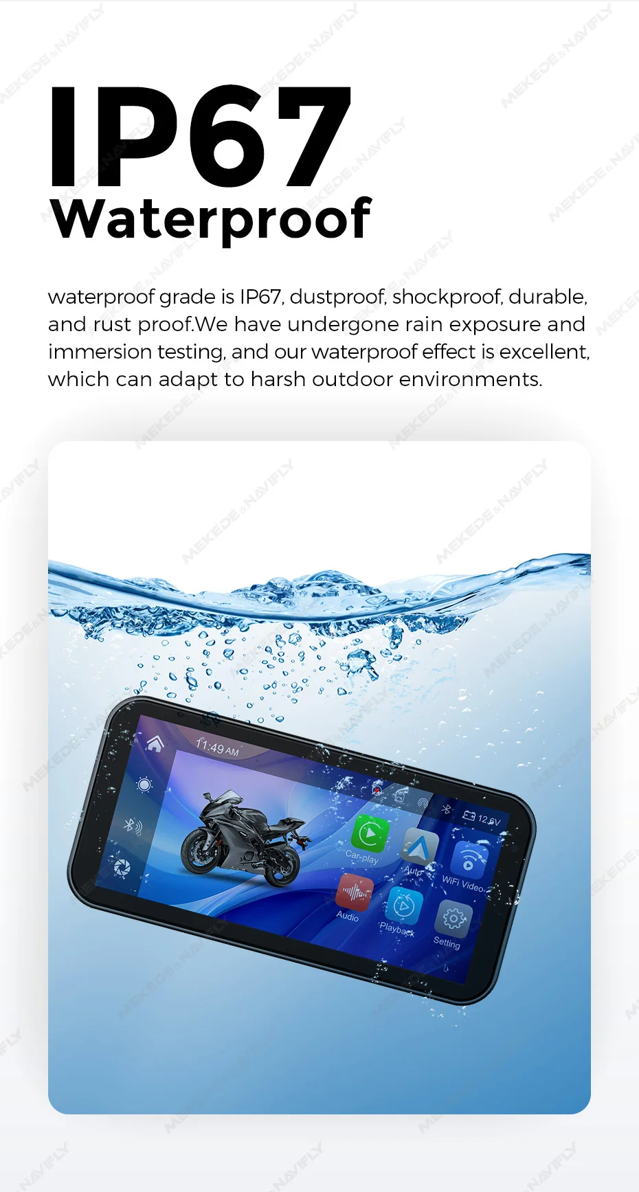 MEKEDE 6,25 zoll Tragbare Motorrad Navigation IP67 Wasserdichte Drahtlose Carplay Android Auto BT TF DVR Stick Recorder Moto Monit – Detail 9