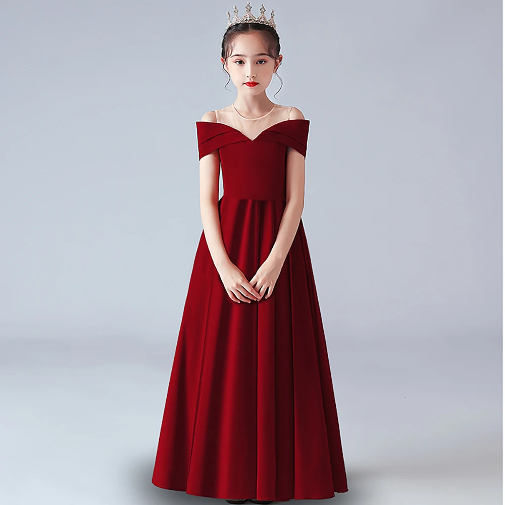 

A-line round neck burgundy satin girly dress flower girl dress bridesmaid dress wedding dress