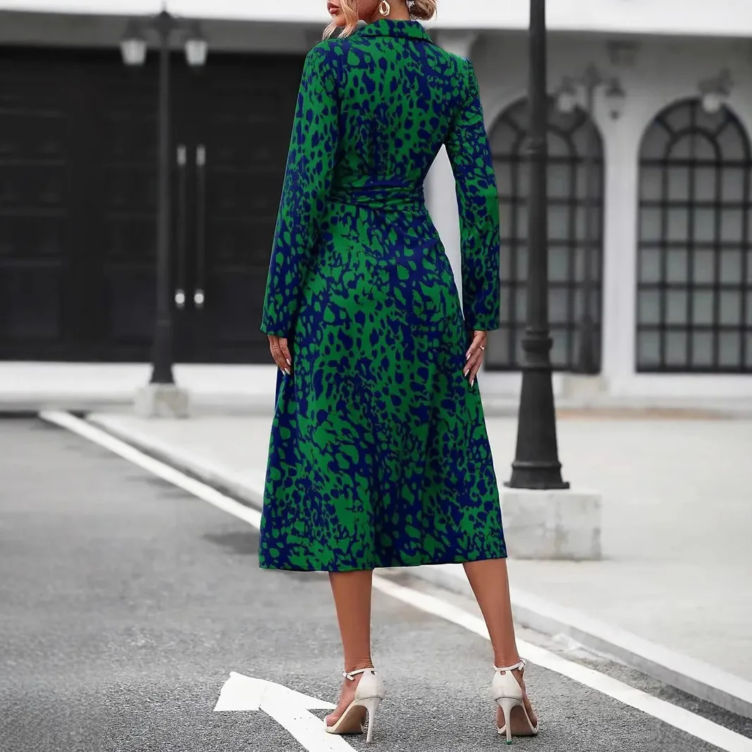 European And American Whole-body Printed Button Excellent Long-sleeved Waist A-shaped Dress