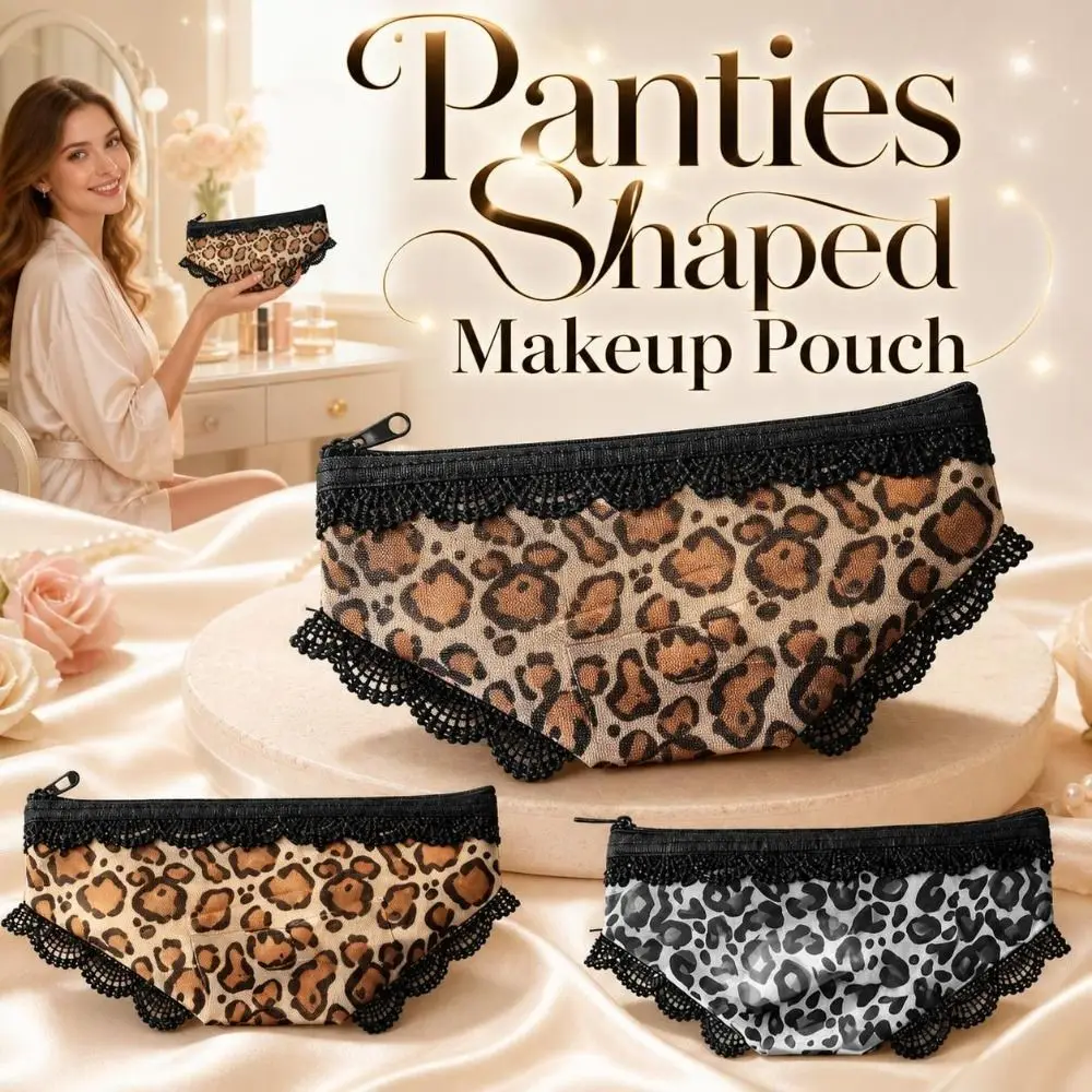 Leopard Print Panties Shaped Makeup Pouch Lace Trimmed Zippered Mesh Cosmetic Bag Portable Transparent Storage Pouch Daily Use