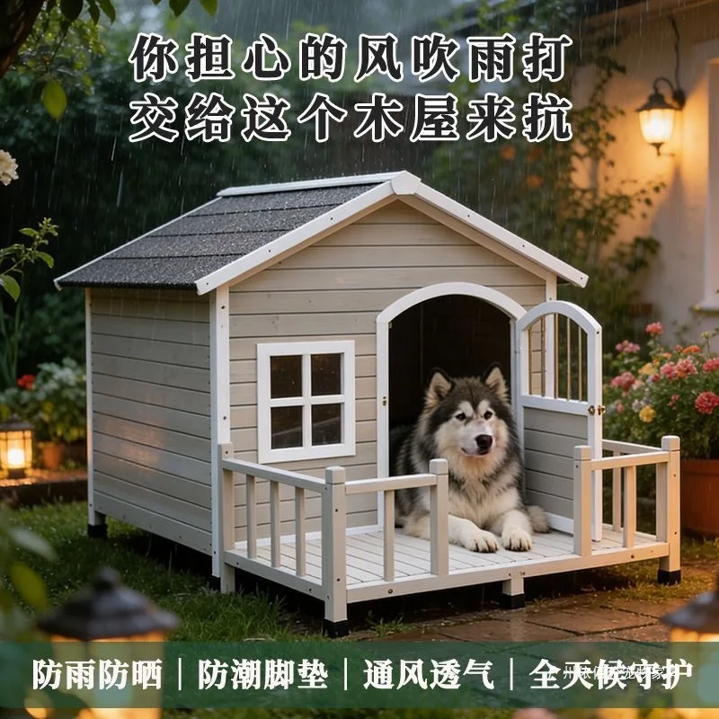 Large dog house Outdoor outdoor villa Rainproof outdoor sun protection Windproof kennel Solid wood dog house Cold protection