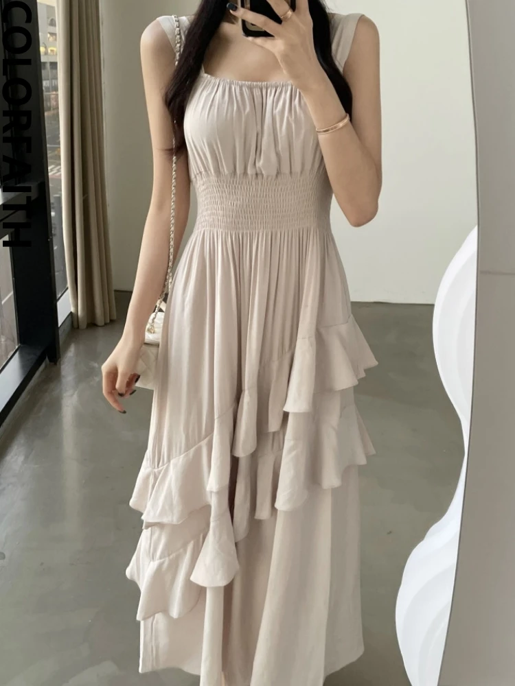 Colorfaith DR8099 New 2023 Sleeveless Chic Sexy Ruffle Fashion High Waist Elegant Women's Spring Summer Holiday Long Dresses