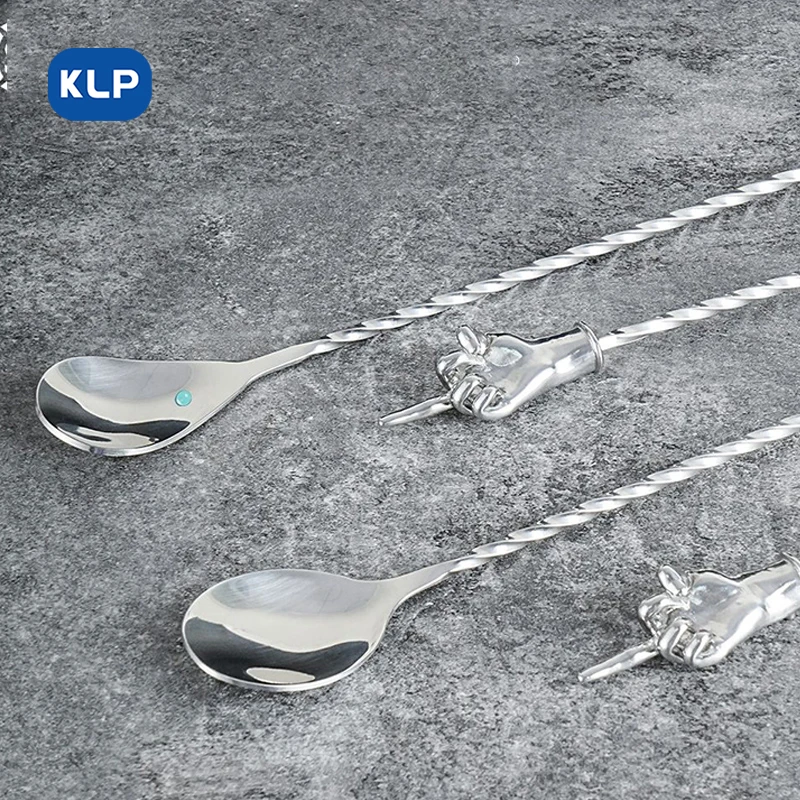 KLP 1pcs/2pcs/4pcs Creative Personalised Finger Bar Spoon304 Stainless Steel Cocktail Milk Tea Spoon Mixing Spoon-Silver