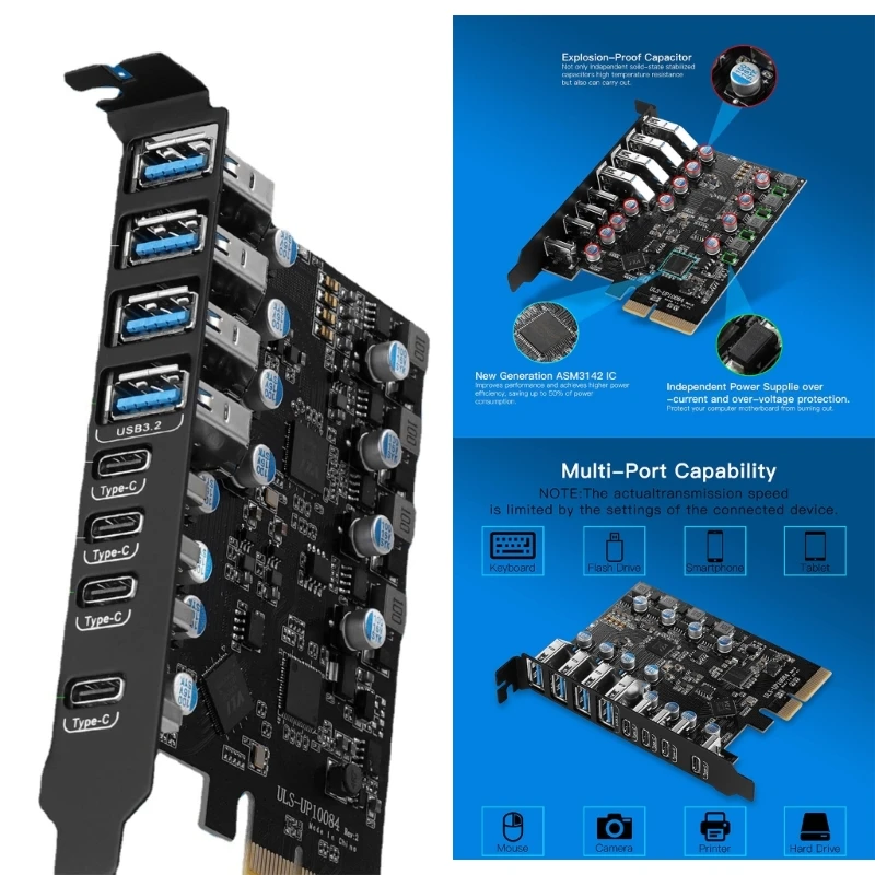 4x Type-C + 4x USB3.2 PCIE USB Card Support PCI-E X4 X8 X16 for Desktop Computer Dropship