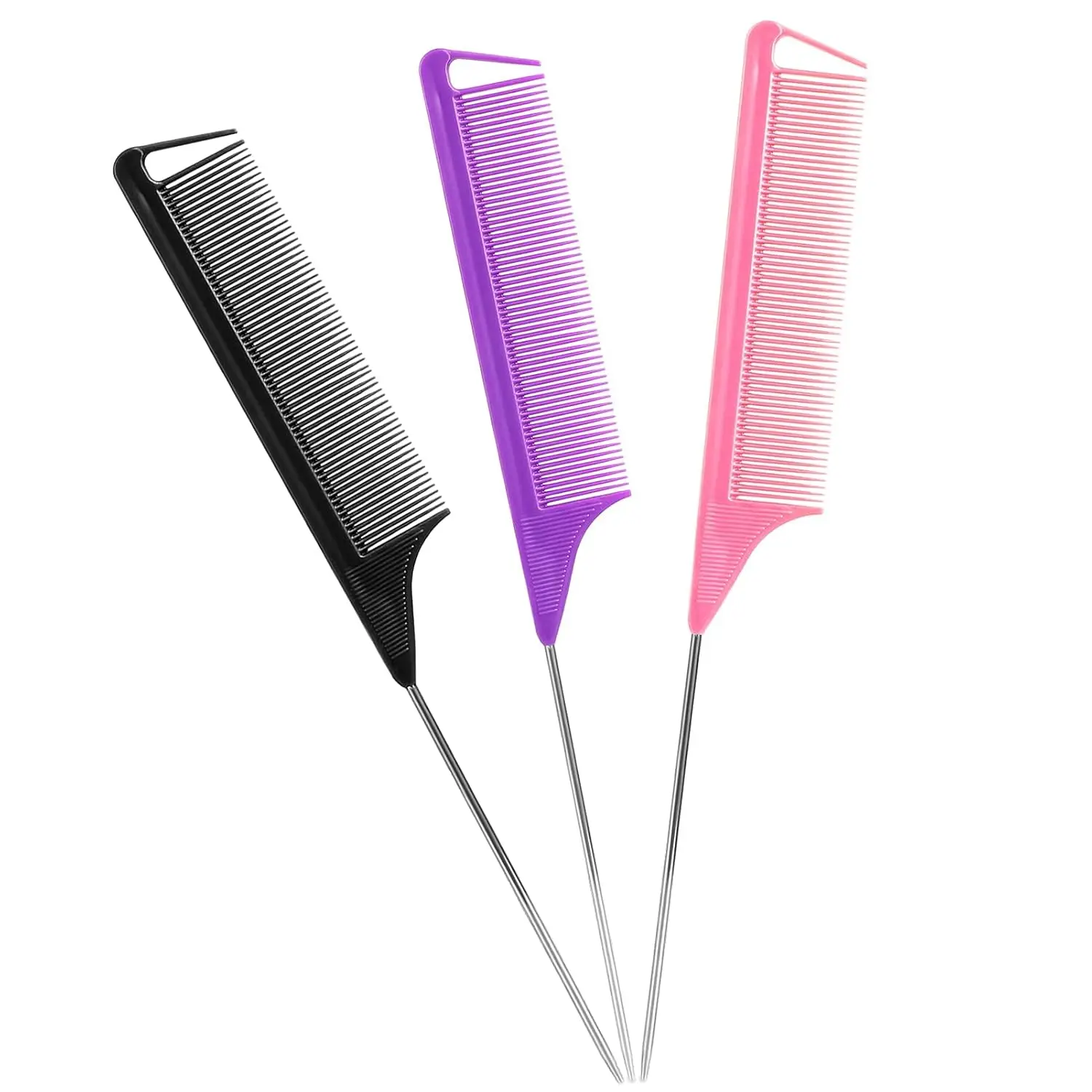 

3Pcs Steel Pin Teasing Combs for Salon Hair Styling, Metal Parting Combs in Purple, Black, Pink