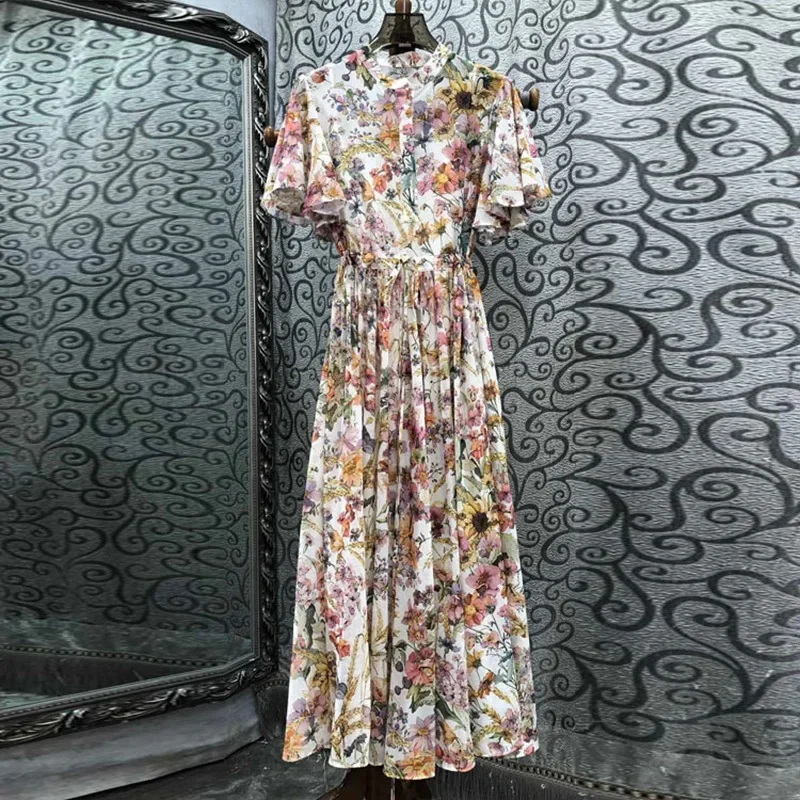 

24 summer dresses new product European and American women's retro printed drawstring waist cinched lotus leaf sleeve long dress