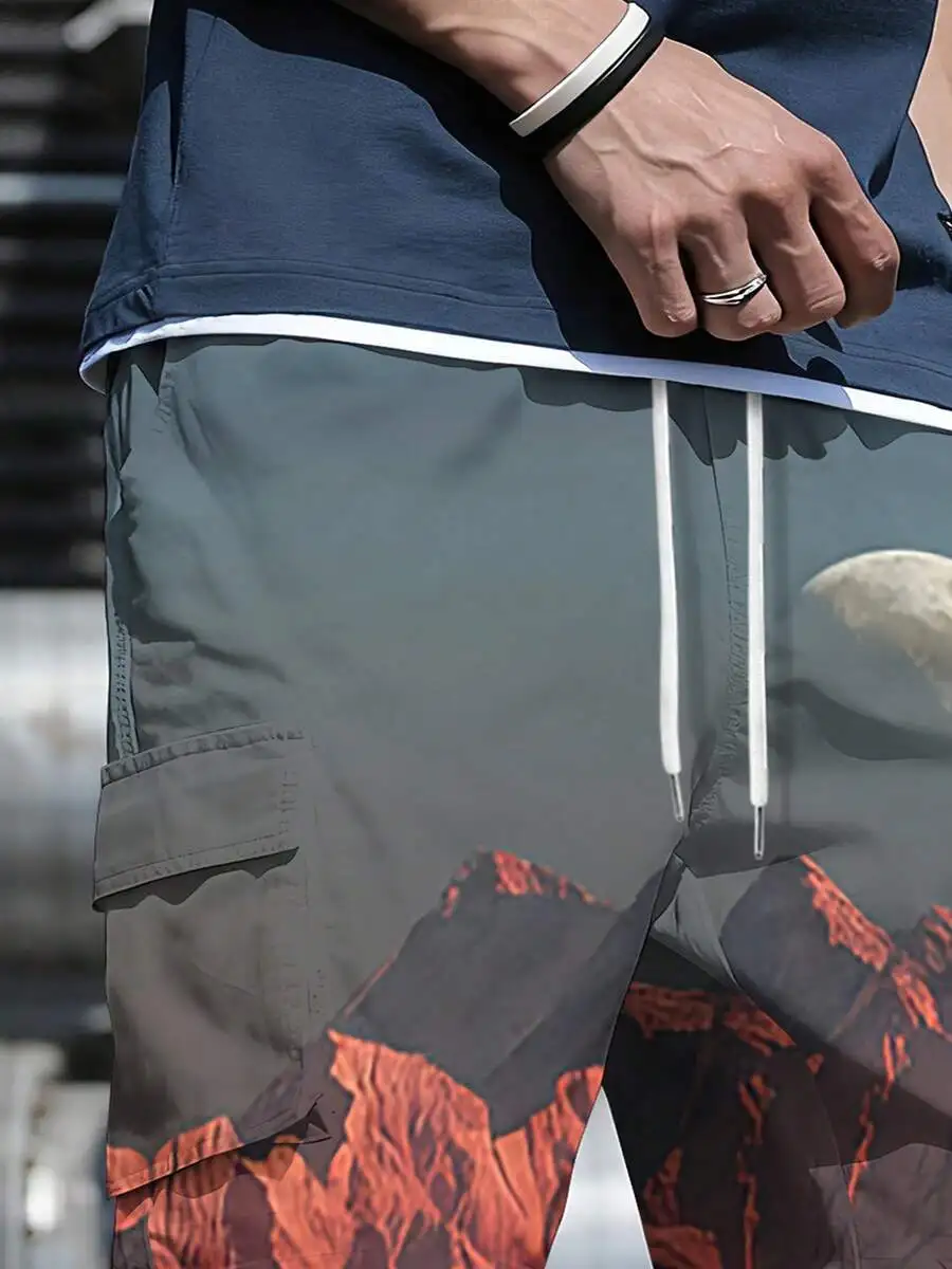 

Mens Gray Red Moon Mountain Print Cargo Shorts With Drawstring And Pocket