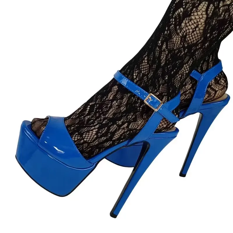 

DIZHUANG Модные босоножки на высоком каблуке. Синие лакированные сандалии. Высота каблука около 15 см. Босоножки на каблуке Летняя женская обувь