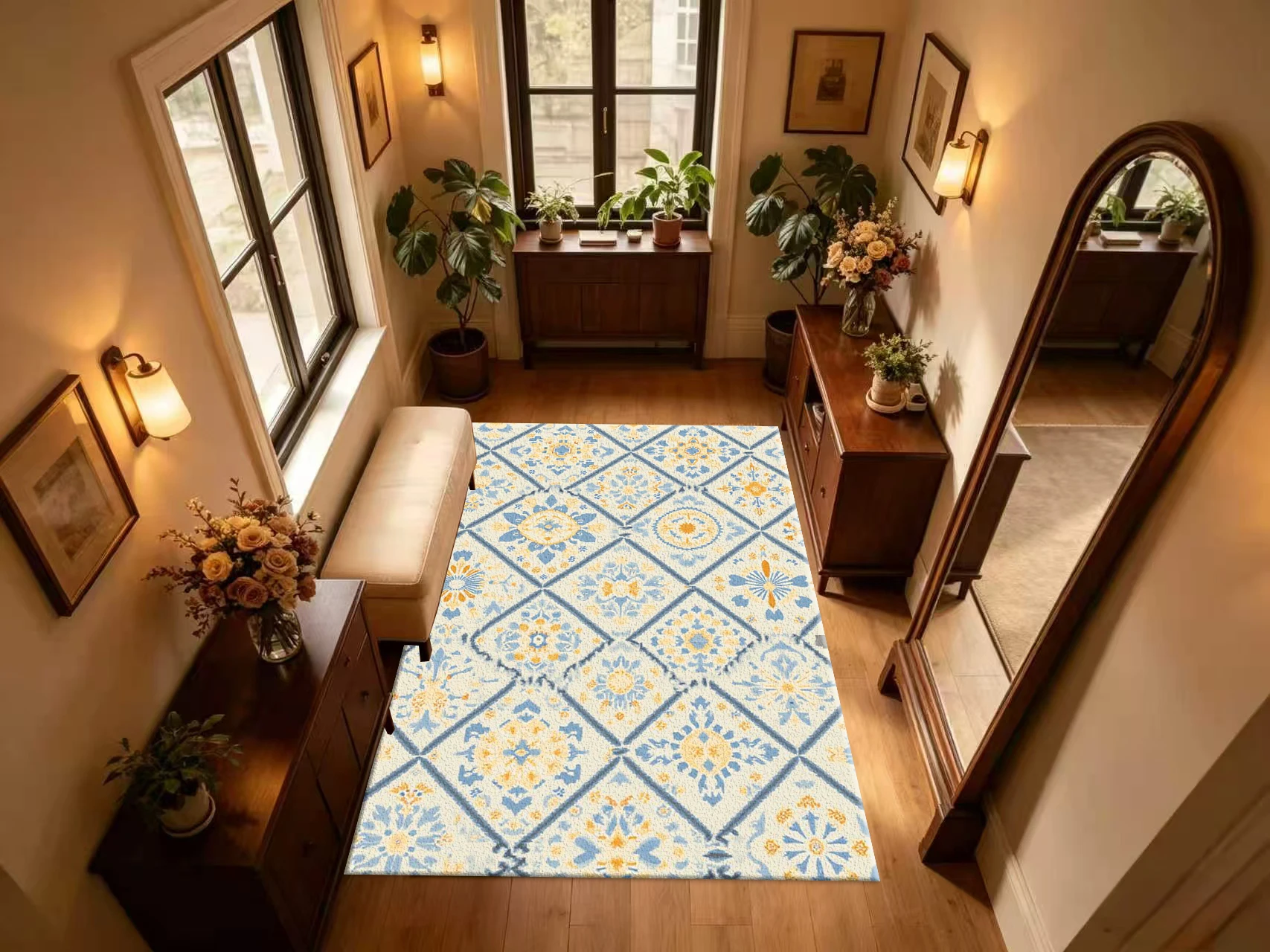 Blue Yellow Mediterranean Tile Carpet Flooring Vintage Printed Floor Rug for House Interior Ornament