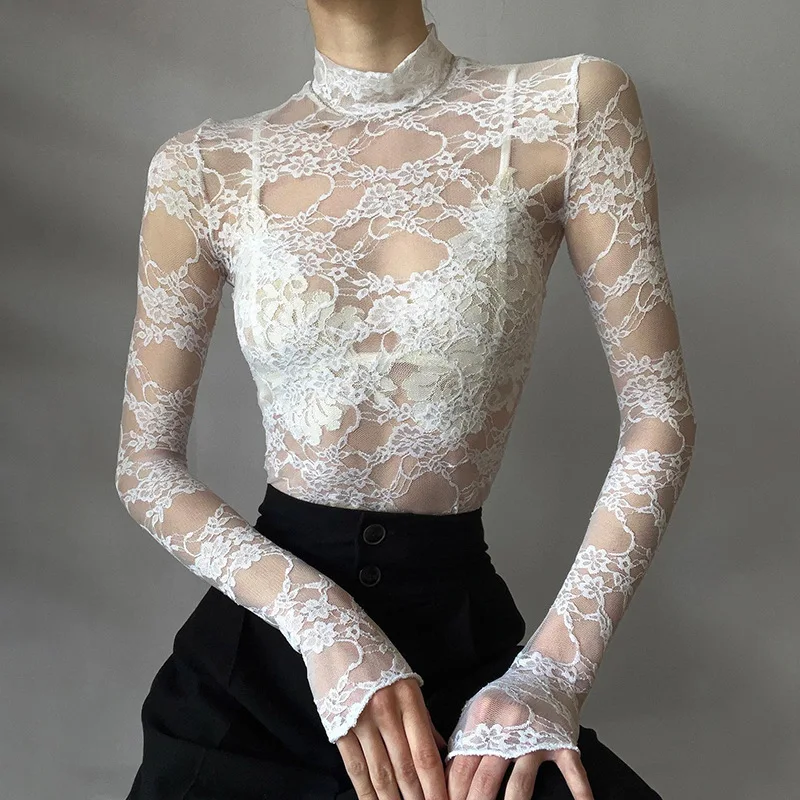 2025 Solid Color Temperament Slim Backing Lace See-through Long-sleeved Semi-turtleneck T-shirt Top Women's Europe The United