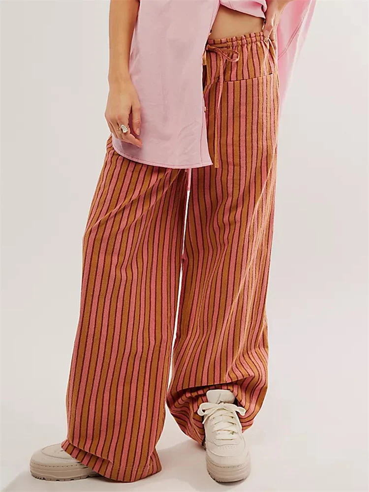 

Dourbesty Women Loose Casual Long Pants Drawstring Waist Striped Print Wide Leg Pants with Pockets Trousers Streetwear