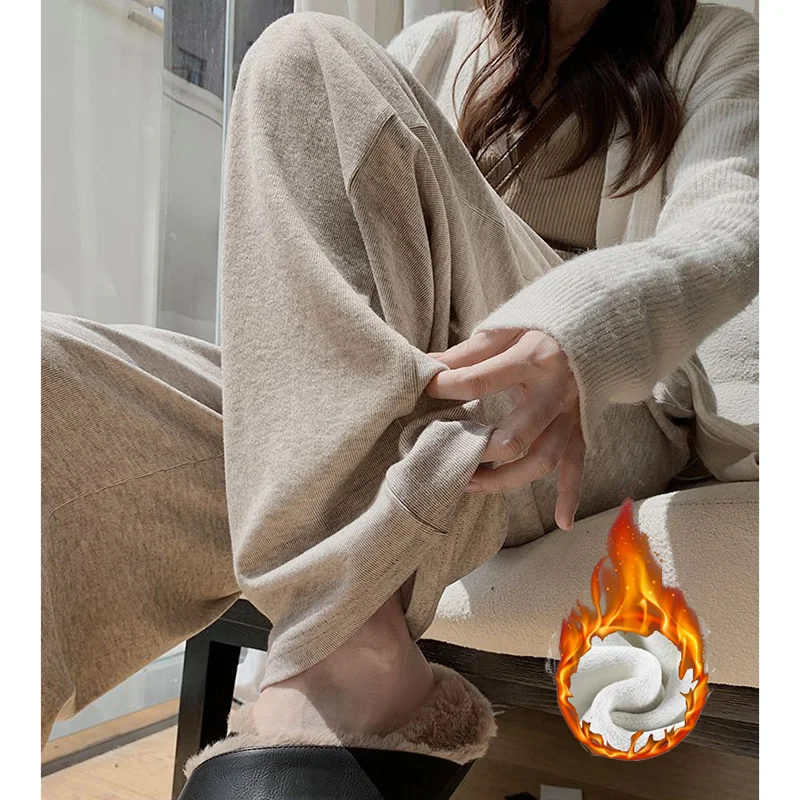 Weibliche Winter Schnee Warme Hohe Taille Hosen Mädchen Chic Gerade Bein Plüsch Hosen Dame Retro Baggy Fleece Thermische Hosen