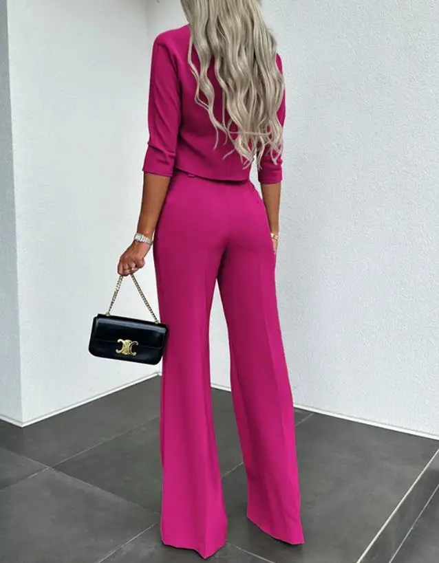 Casual Two-Piece Commuting Women's Suit 2024 New Stand Up Collar Exposed Navel Top and Pocket Design Ribbed Style Work Pants Set