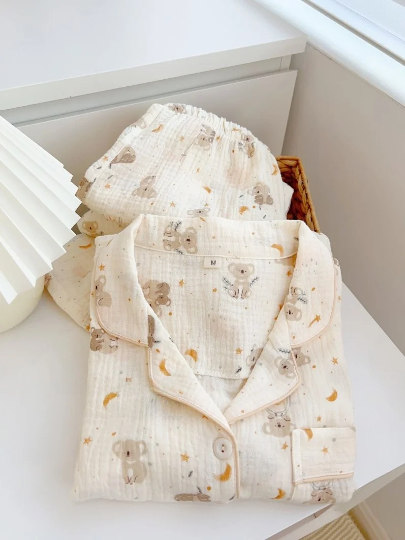 

Хлопковая пижама Good Night Bear Baby с длинным рукавом для женщин, домашняя одежда из плиссированной ткани, весна-лето, молодежный размер, спортивная одежда