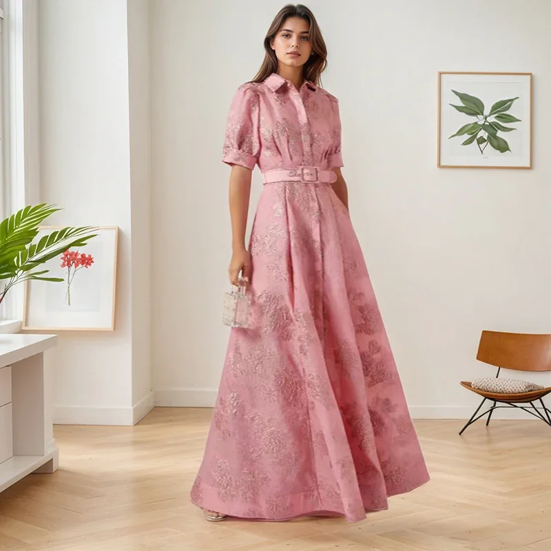 

Модные однотонные платья для женщин, винтажное однобортное однобортное платье трапециевидной формы с отложным воротником и поясом с короткими рукавами