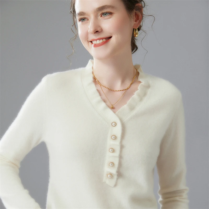 Maglione di cashmere di alta qualità da donna Pullover con scollo a V pieghettato Maglione di cashmere autunno inverno lavorato a maglia moda slim fit