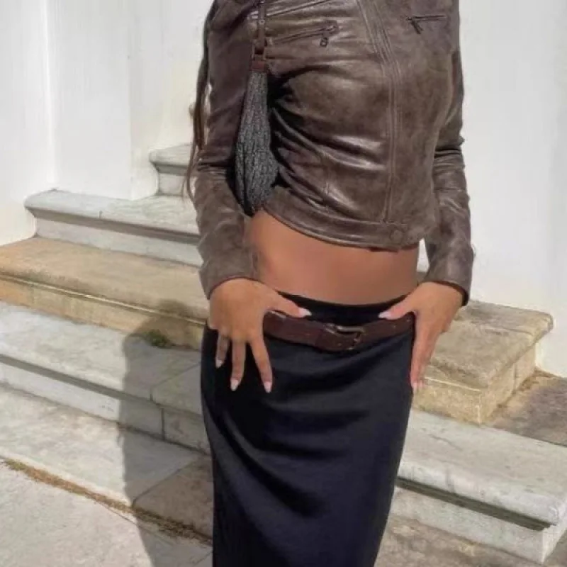 Retro Streetwear Lion Biker ort Jaet Women's Slim Fit Leather Coat Top American Sle Fall Faion Commute Windbreaker