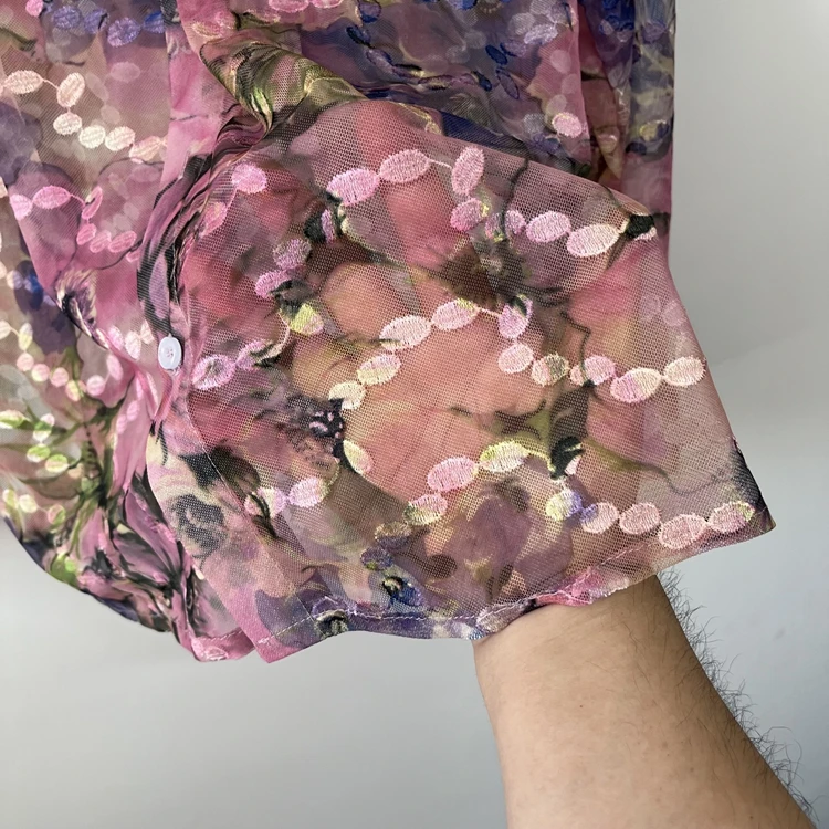 2025 Four Seasons Wear Fashion Retro Colorful Embroidery Perspective Mesh Gauze Tops Trendy Niche Original Design Men's Shirts