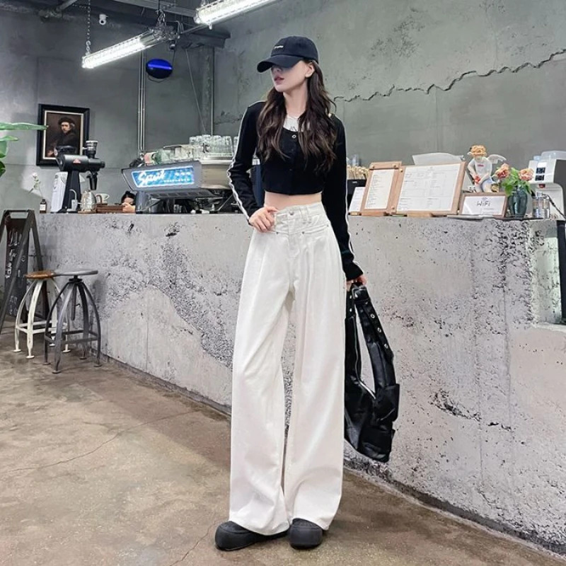

Denim ide-Leg Loose with Side Pockets Pleats Comfortable Versatile Slimming Plus Size Denim Floor-Length Pants for Curvy Women