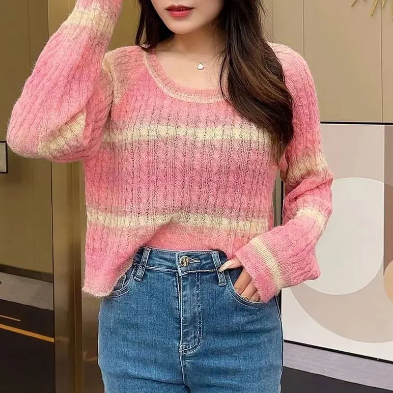 Stylish Gradient Striped Knitted Jumpers Women\'s Clothing Casual Long Sleeve Spring Autumn New Korean Hollow Out O-Neck Sweaters