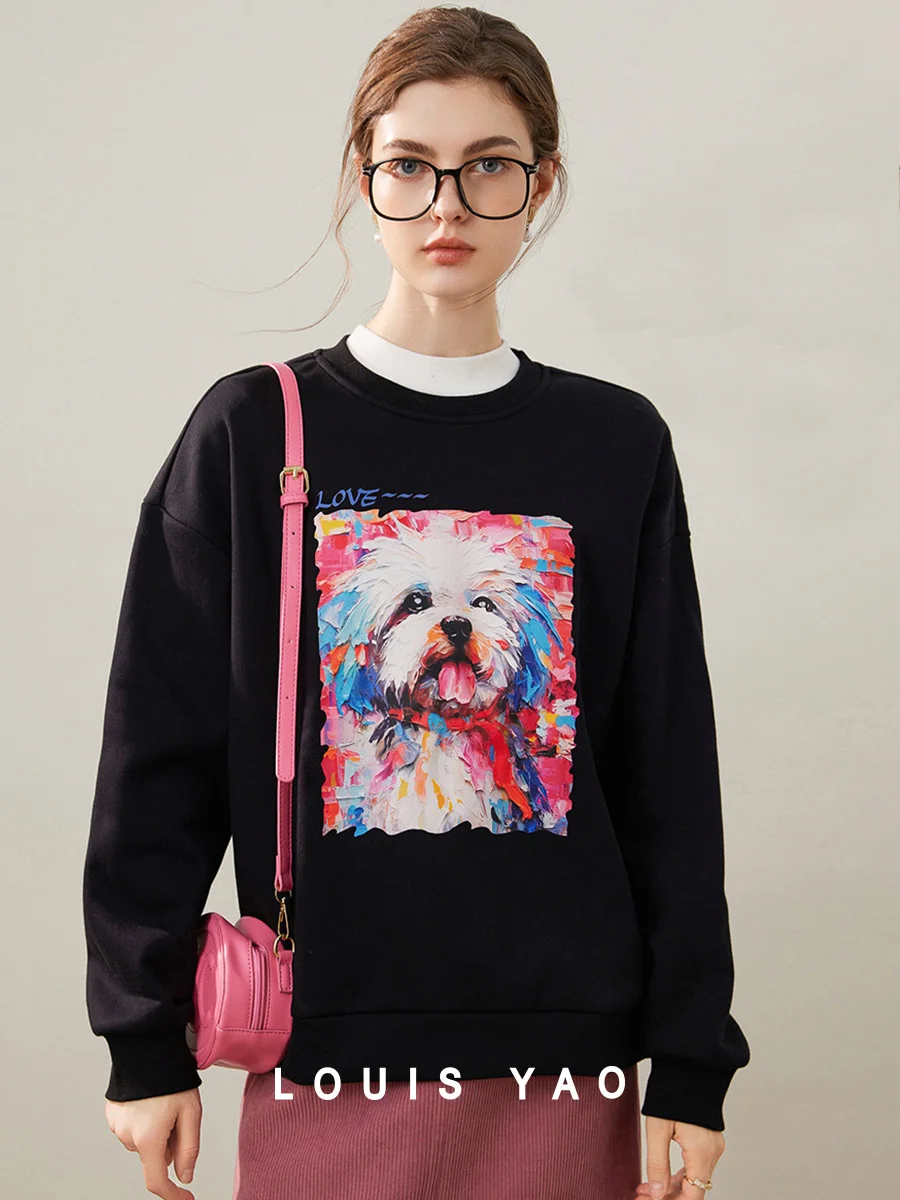 LOUIS YAO 2024 Winter Thick Fleece Round Neck Hoodie Fashionable Funny Dog Printed Long Sleeve Top for Women