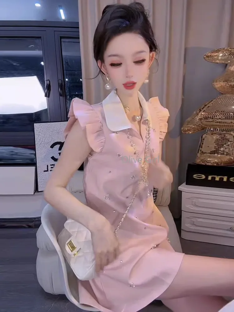 Olive Girl Dress Women's Clothing Summer 2025 French Elegant Flying Sleeves Diamond Inlaid High-end  Slim Short Dresses