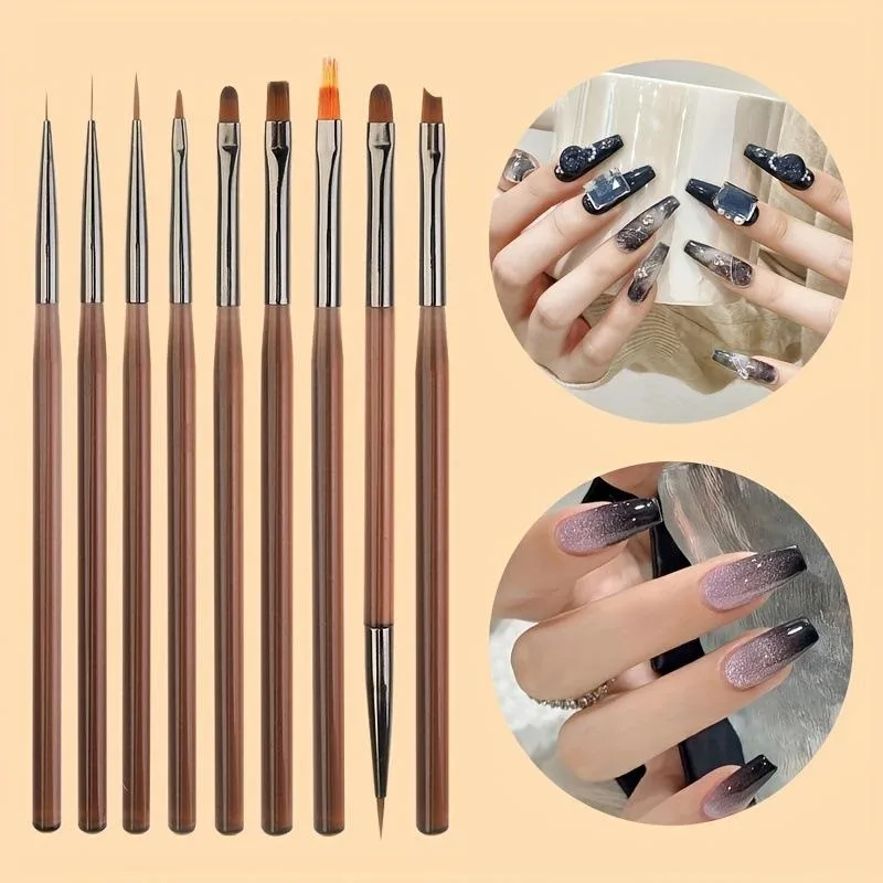 

9pcs Nail Art Brushes Set, Dotting Tools, Design & Clean Up Brushes for Gel Polish, 3D DIY Manicure Decorations