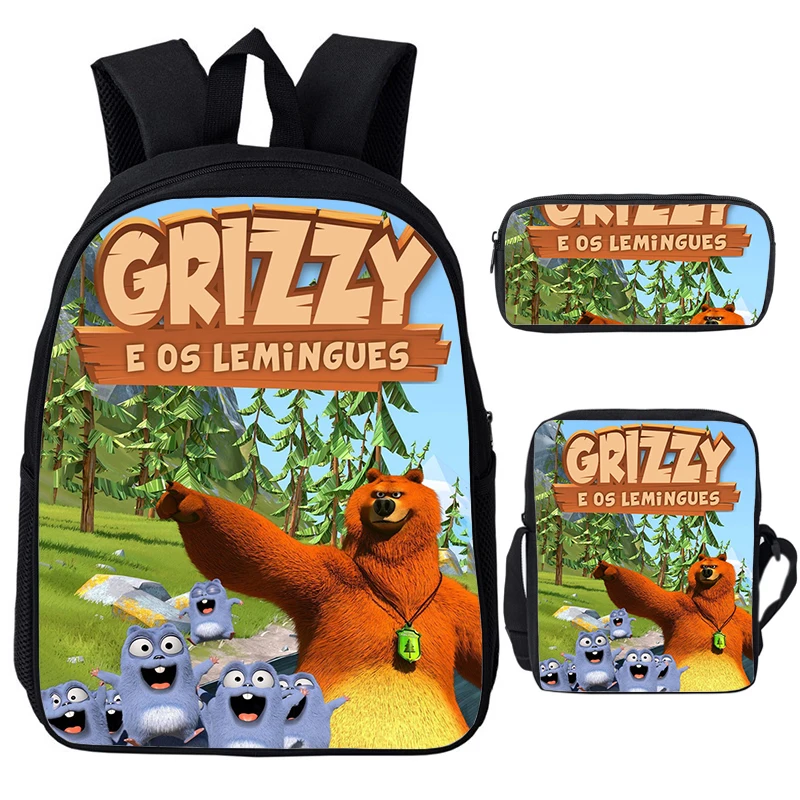 Grizzy And The Lemmings-mochila con estampado para niños y niñas, Juego de 3 piezas, mochilas escolares de dibujos animados, impermeable, para ordenador portátil