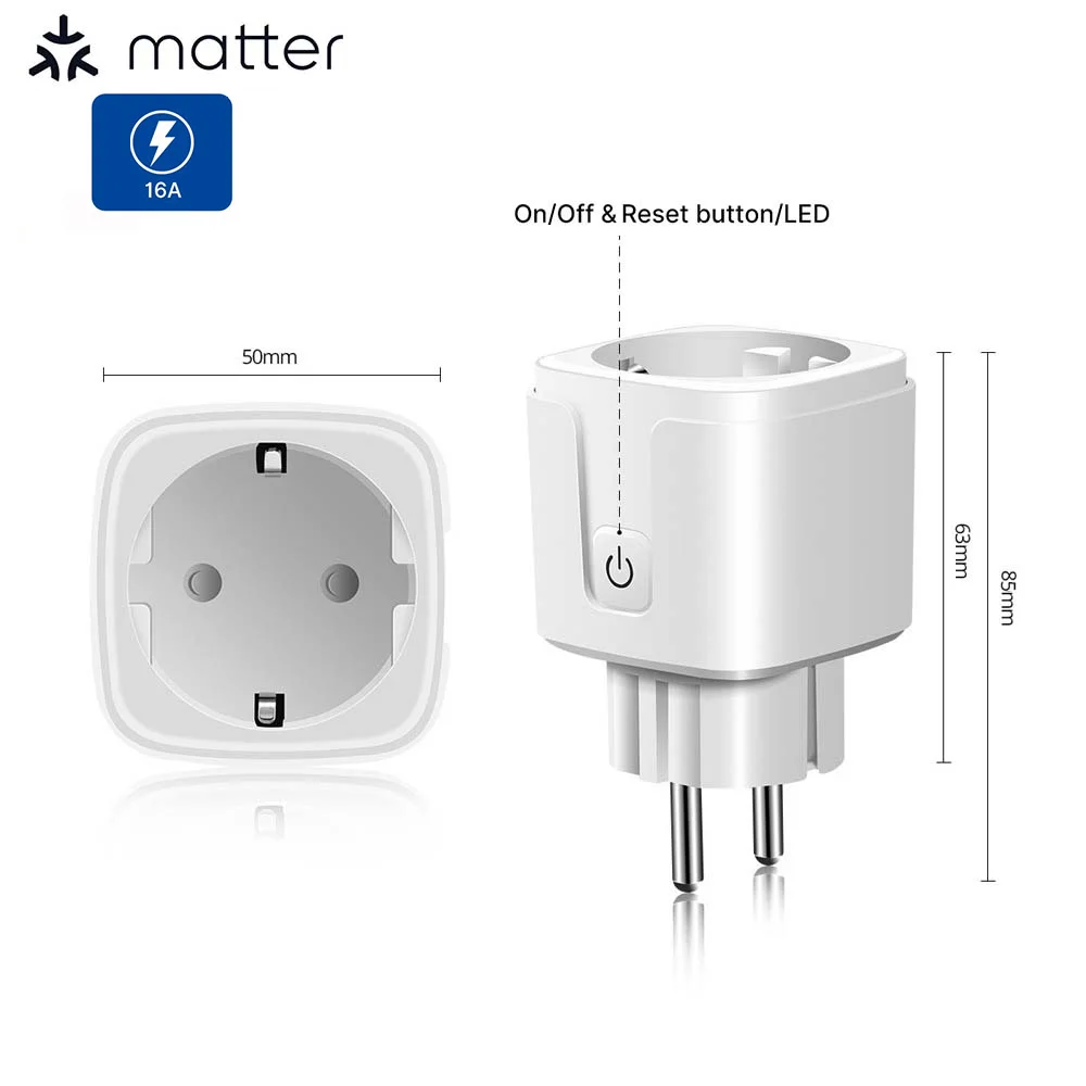 Matter Smart Socket 16A EU WiFi Power Monitor Wireless Socket Outlet Remote Support Voice Control Tuya Smart Life Google Alexa