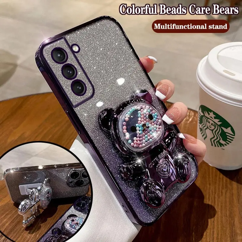 Cute Bear Colorful Flow Beads Plating Phone Holder Case For Samsung Galaxy S22 S22 Plus S22 Ultra S21Plus S23 S20 S23 FE Cover