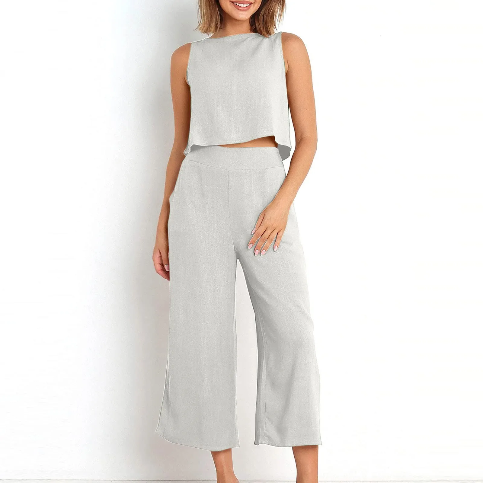 

Summer Women'S Solid Top Shirt 2 Piece Set Fashion O-Neck Sleeveless Casual Elegant Sets 2024 New Holiday 2 Piece Set For Ladies