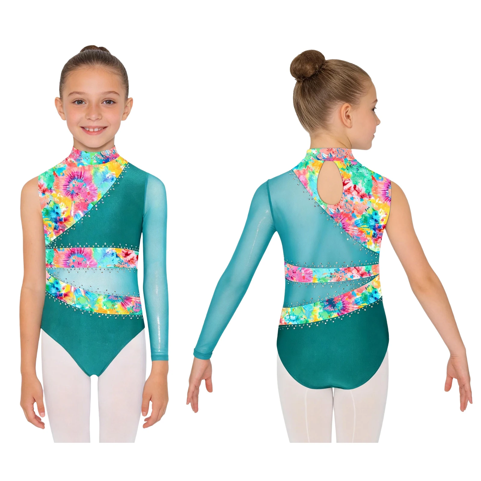

Rhinestone Gymnastics Ballet Artistic Dance Leotard for Girls Patchwork Design Back Cutout Press Button Crotch Unitard Bodysuit