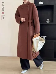 [LANMREM] Temperament Wool Coats For Women Stand Neck Blet Gathered Waist Office Lady Warm Long Outwear 2024 Winter New 26C910