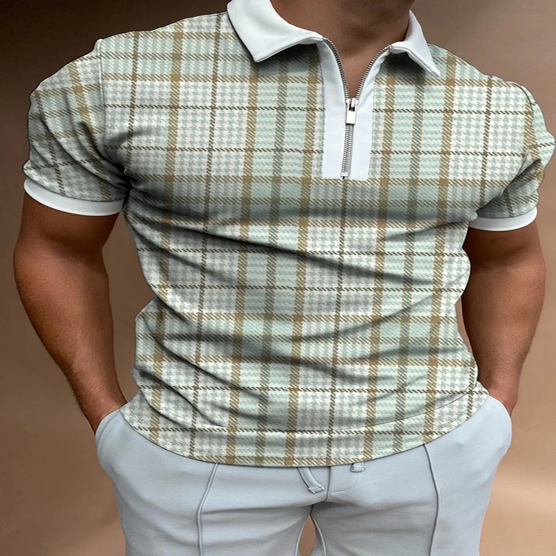 Plaid Texture Houndstooth 3D Print Polo Zipper Short Sleeve Shirt for Men