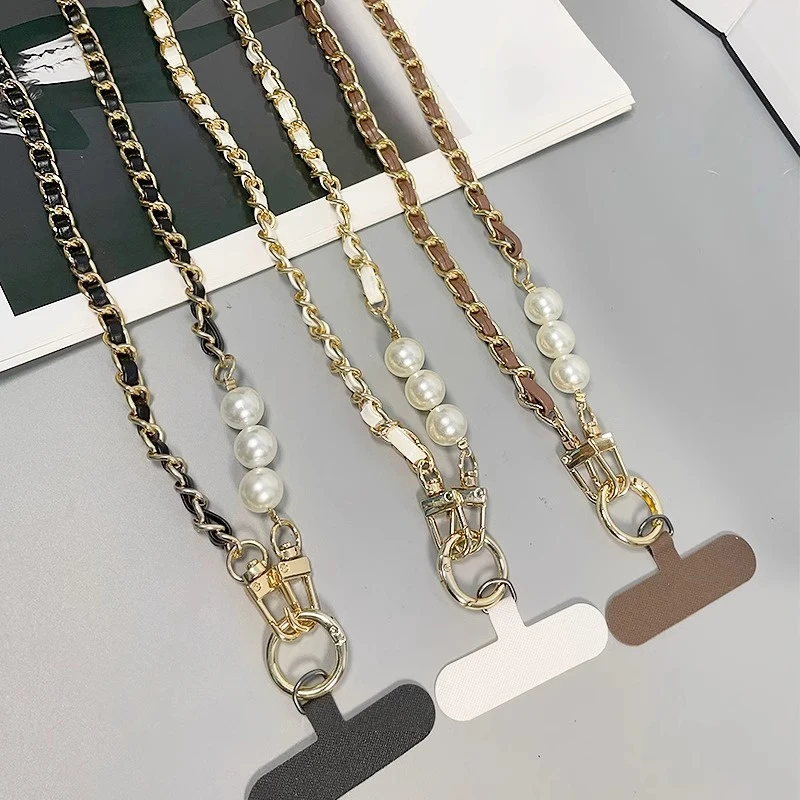 Long Cross-body Pearl Metal Leather Mobile Phone Case Lanyard Travel Climbing Rope Small Fragrance Simple Fashion Unisex