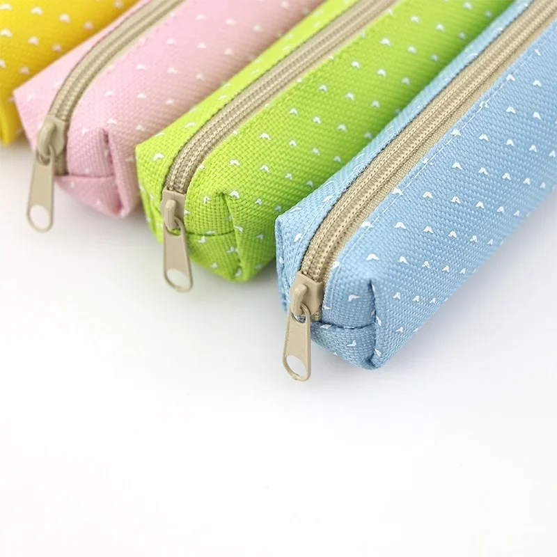 Strip Shape Candy Color Pencil Case Bag Dots Canvas Pens Storage Bag Stationery Pouch for Kids Girls Portable Lipstick Bag
