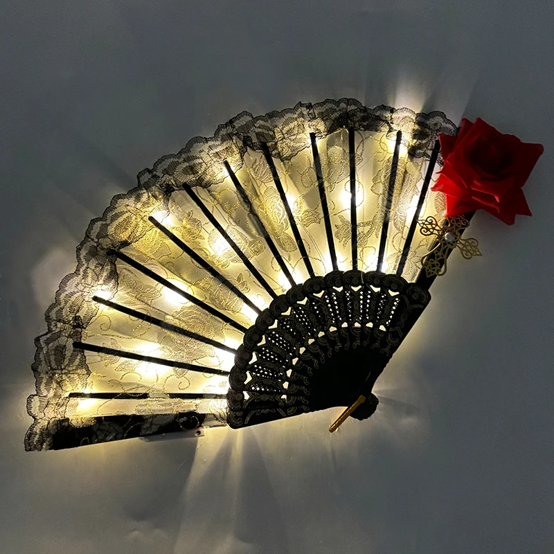 New Arrival Lace Fan Girls Women Hand Fan Red Black Rose Lace Fan Nightclub Party Props  Halloween LED Party Fans