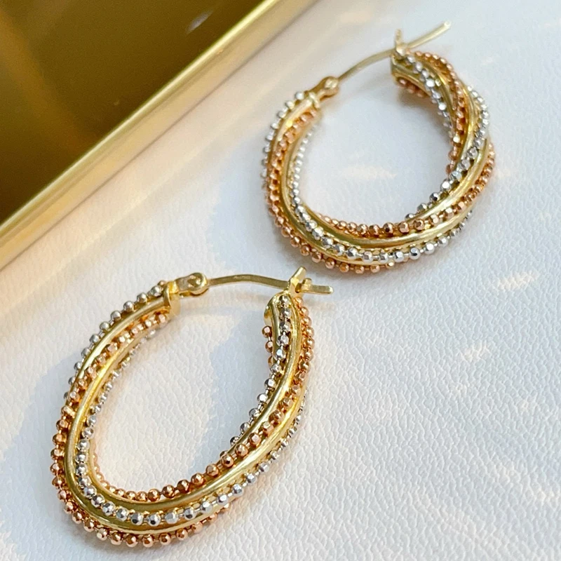 LUOWEND 100% 18K White&Yellow&Rose Gold Earrings Fashion Oval Design Cool Girls Style Big Hoop Earrings for Women Party Jewelry