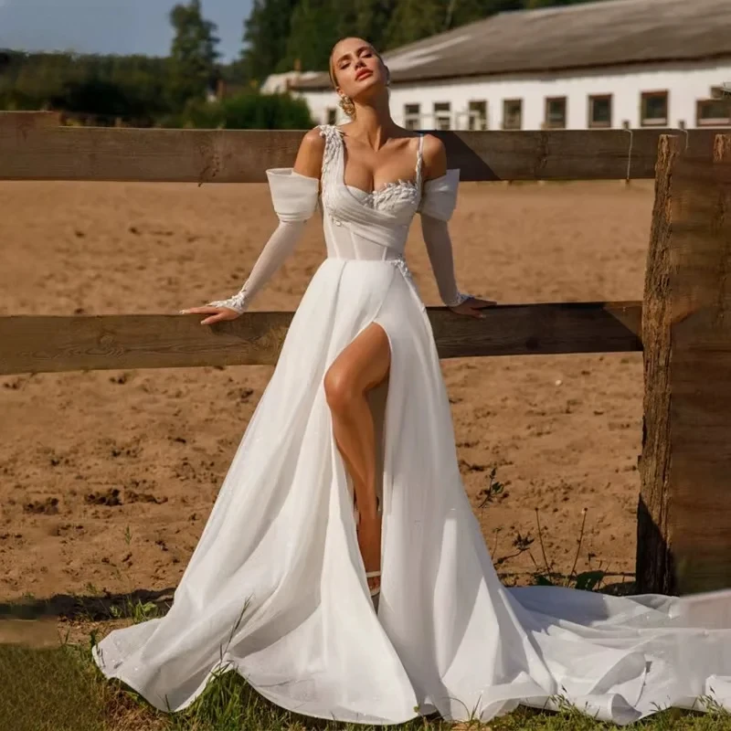 

Customized Graceful Sweetheart Neckline A-Line Wedding Dresses Charming Spaghetti Straps Long Sleeves Beach Bridal Gown