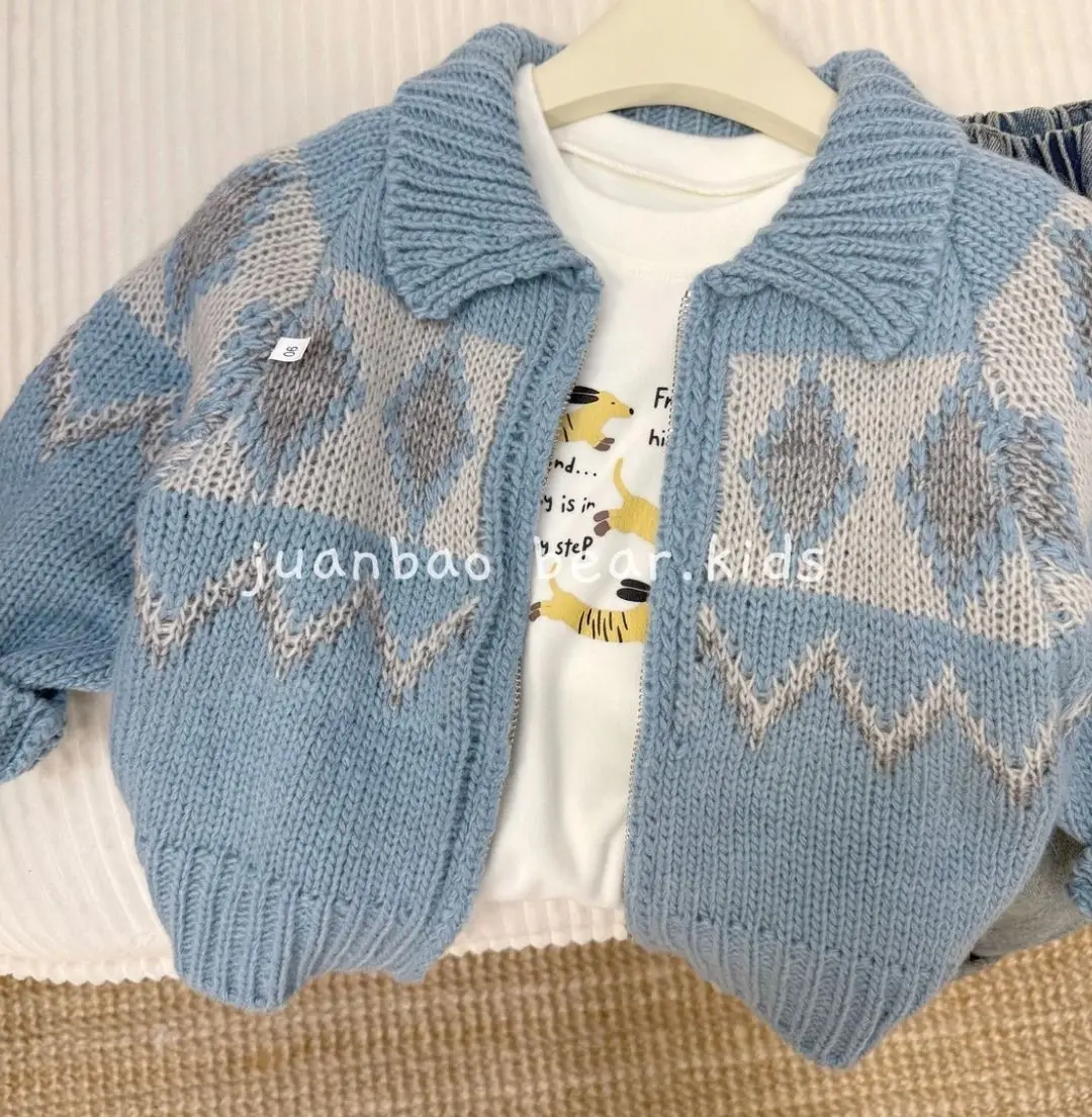 Boys Girls Vintage Argyle Sweater Cardigan Spring Autumn New Kids Lapel Zipper Knitted Jacket Children Clothing view 5