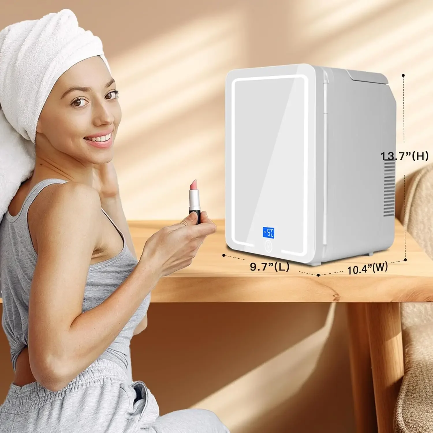 Mini nevera compacta para el cuidado de la piel, refrigerador pequeño para maquillaje con espejo de luz regulable, pantalla Digital, enfriador y calentador, 12L