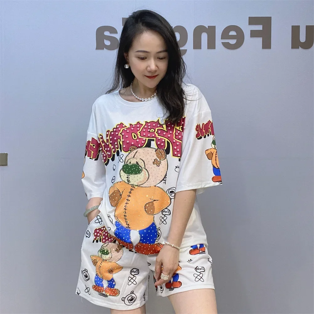 

Fashion Diamonds Cartoon Bear Printed Short Sets Women Summer Clothes Loose Casual Knitting Tops Two Piece Sets Womens Outifits