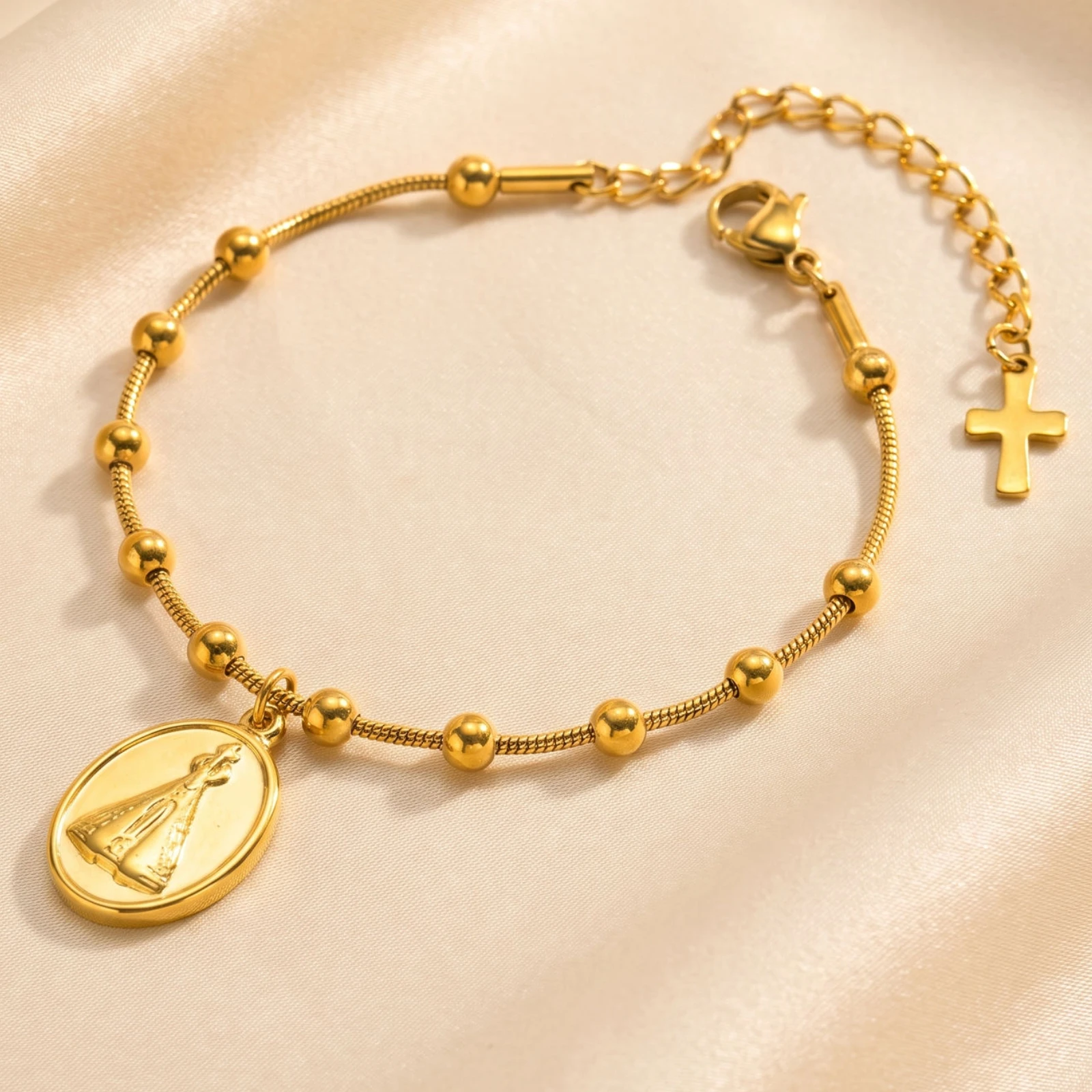 Nossa Senhora Aparecida Bracelet for Women, Gold Plated Hypoallergenic Stainless Steel Beaded Chain, Catholic Religious Gift