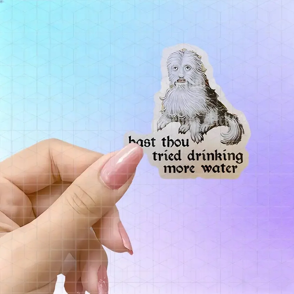 Retro Long-Haired Wizard Dog Water Drinking Vinyl Sticker Matte Decal For Water Cup Thermos Journal Quirky Health