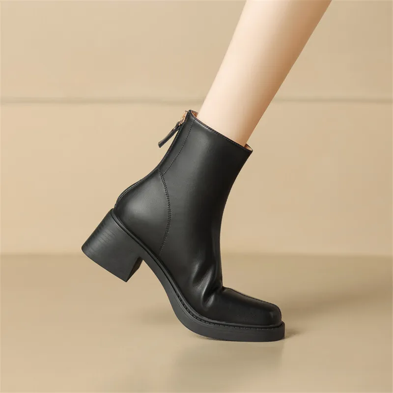 New Autumn Winter Split Leather Women Shoes Fashion Round Toe Short Boots for Women Chunky Heels Boots Zapatos Mujer High Heels