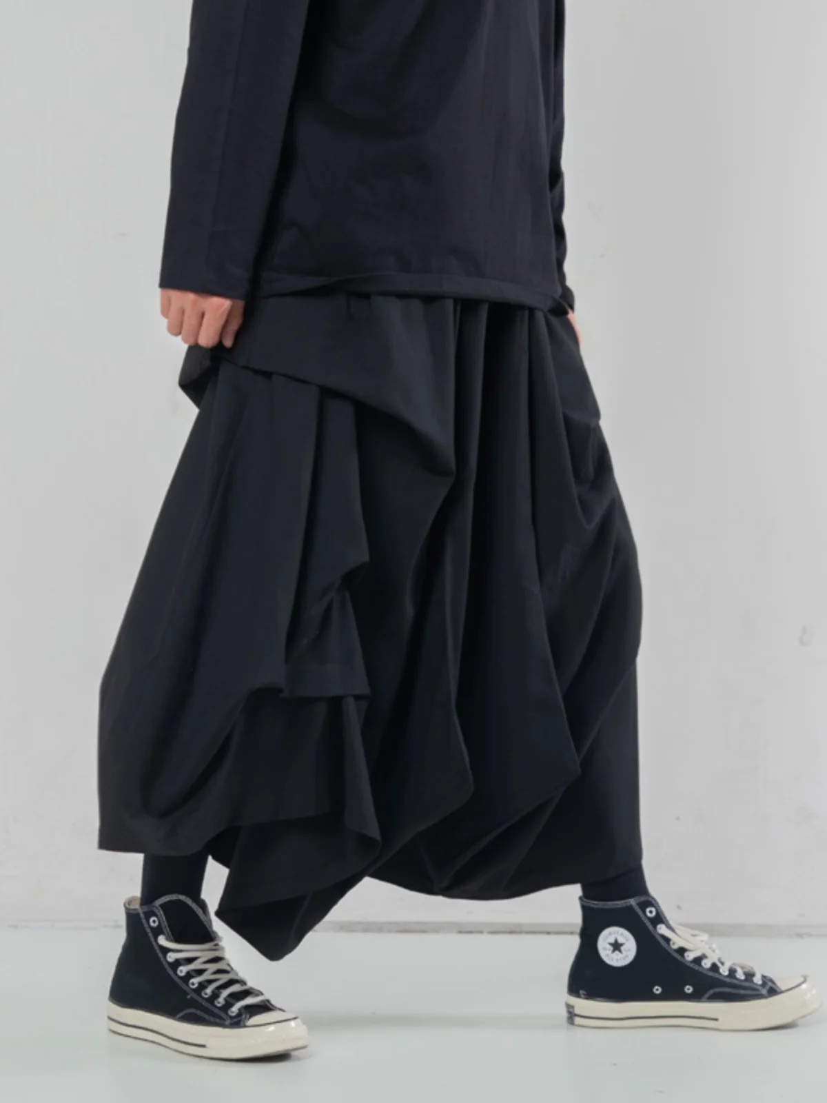 Yamamoto Style Dark Ankle-Length Pants Lazy Decadent Elements Men's Casual Pleated Design Wide-Leg