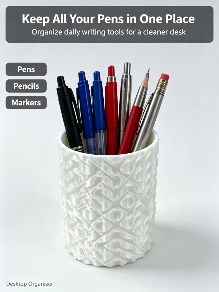Modern Style White Wave Texture Pen Holder, 3D Printed Pla Material Ripple Pen Cup, Desktop Storage Box, Desktop Organizer, Office Desk Accessory, Desktop Pen Storage Rack, Office Stationery Storage Box, Desktop Storage Cup, Home Study Desk Pen Storage Jar, High Aesthetic Desktop Stationery Storage Box, Suitable for Multiple Settings Such as Office, Home, Study, School, Decorative Desktop Storage Box, Simple Design Compatible with Various Decor Styles