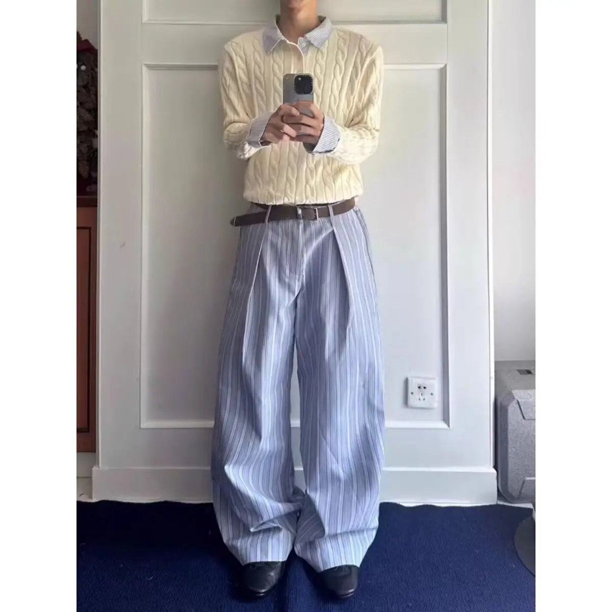 Men's Blue Striped A-line Casual Pants Summer Commuter Style Young Boys Sweatpants Male Straight Loose Wide Leg Trousers