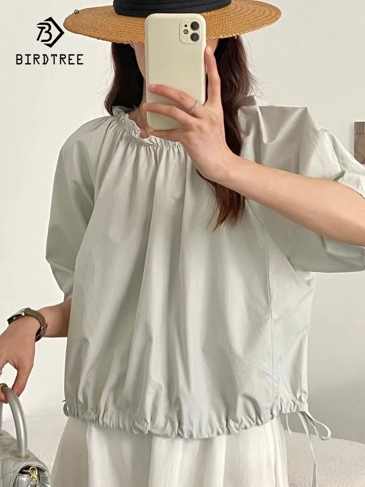 

New Spring Cotton Solid Fashion Shirt Women O Neck Half Sleeve Simplicity Top Girl Loose Commute Blouses 2024 Autumn T44748QC